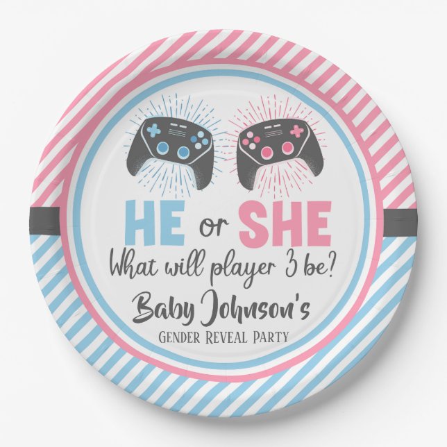 Cute Gamer Baby Gender Reveal Paper Plate (Front)