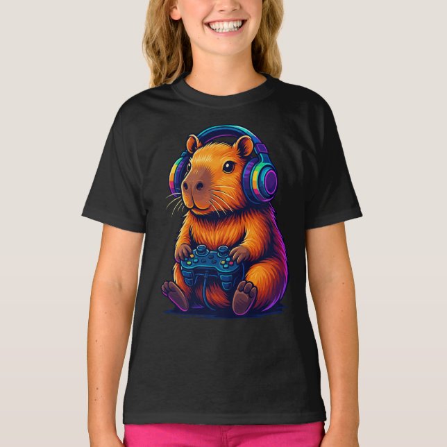 Cute Gamer Capybara — with Headset & Controller T-Shirt (Front)