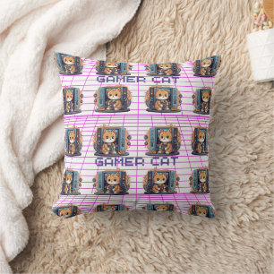 Cute Gamer Cat Blue Print Cushion