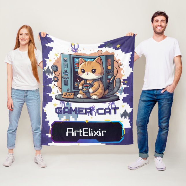 Cute Gamer Cat Blue Print Fleece Blanket (In Situ)