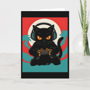 Cute Gamer Cat Headset Retro Console Night Scene Card