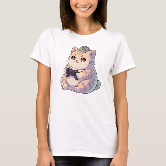 Cute Gamer Cat with Turtle Kawaii Gaming Kitty  T-Shirt (Front)