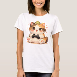 Cute Gamer Cat with Turtle Kawaii Gaming Kitty T-Shirt