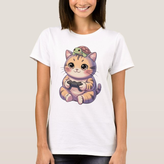 Cute Gamer Cat with Turtle Kawaii Gaming Kitty  T-Shirt (Front)