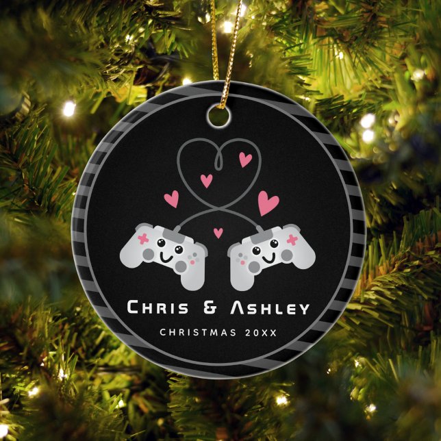 Cute Gamer Couple Gaming Video Game Joystick Name Ceramic Ornament (Creator Uploaded)