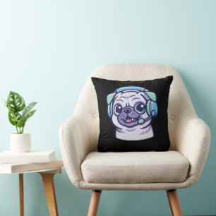 Cute Gamer Pug Acid Green Black Gaming Room  Cushion