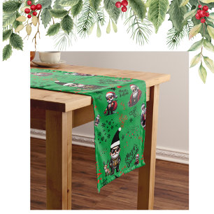 Cute Gangster Santa Merry Christmas on Green Long Table Runner