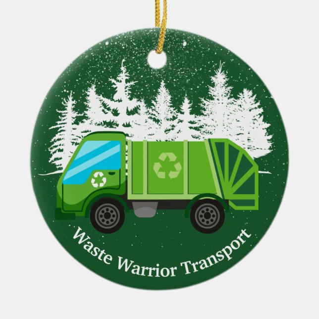 Cute Garbage Truck Green Christmas Ceramic Ornament (Front)
