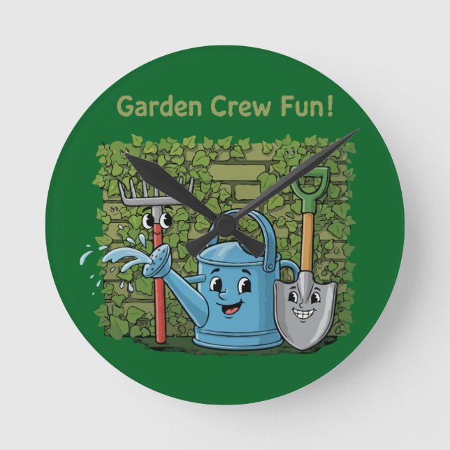 Cute Garden Crew Fun! Cartoon Gardening Tools Round Clock (Front)