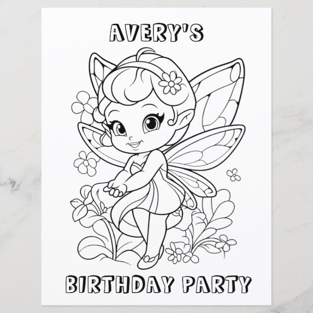 Cute garden fairy birthday colouring activity  (Front)