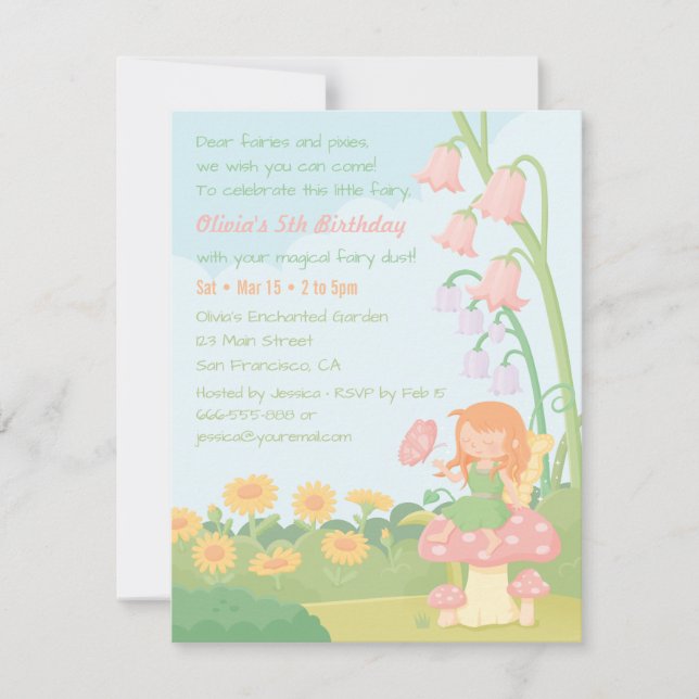 Cute Garden Fairy Girl Birthday Party Invitations (Front)