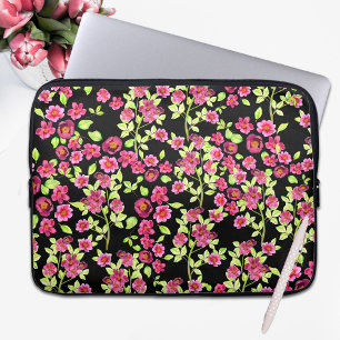Cute Garden Flowers Pink Green on Black Background Laptop Sleeve