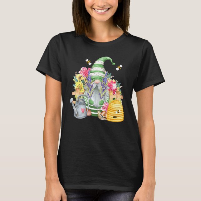 Cute Garden Gnome With Bees And Flowers Gardener T-Shirt (Front)