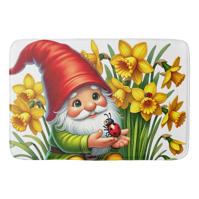 Cute Garden Gnome with Flowers Bath Mat (Front)