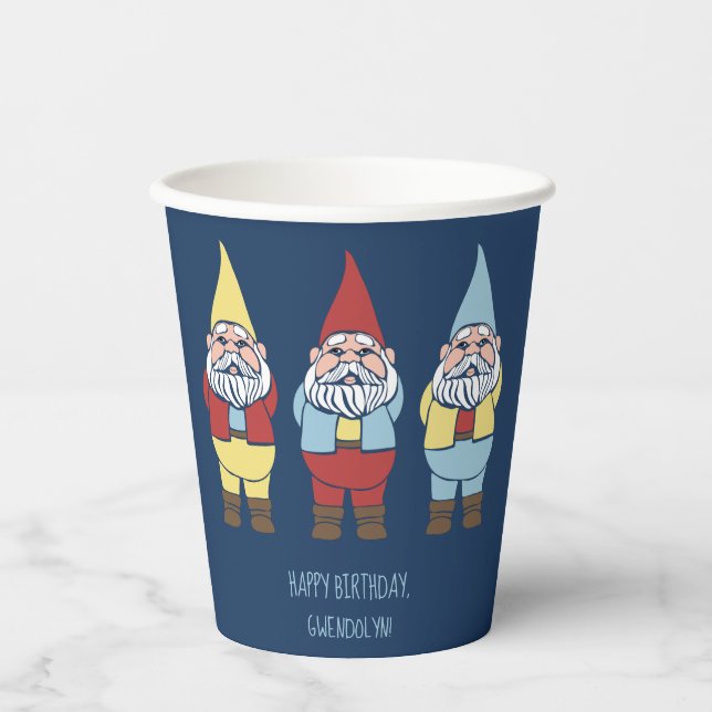 Cute Garden Gnomes Custom Message Party Paper Cups (Front)