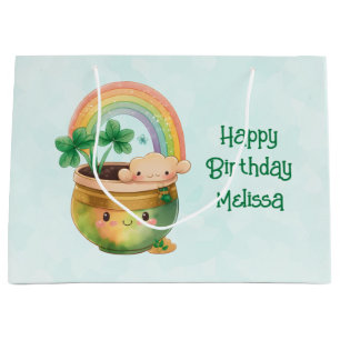 Cute Garden Planter with Rainbow & Clover Birthday Large Gift Bag