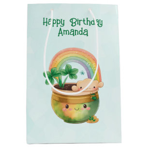 Cute Garden Planter with Rainbow & Clover Birthday Medium Gift Bag
