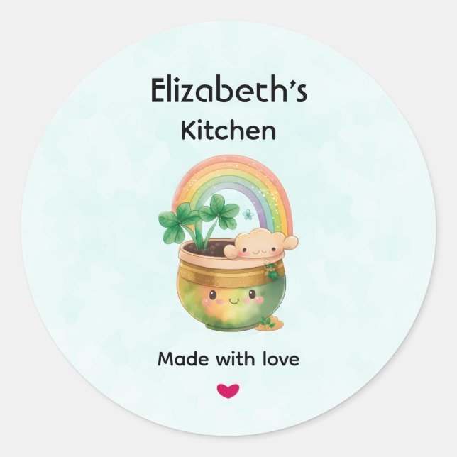 Cute Garden Planter with Rainbow & Clover Kitchen Classic Round Sticker (Front)
