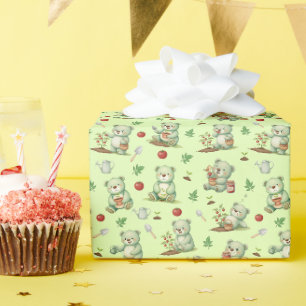 Cute Gardener Bear and Tomato Garden Seamless Patt Wrapping Paper