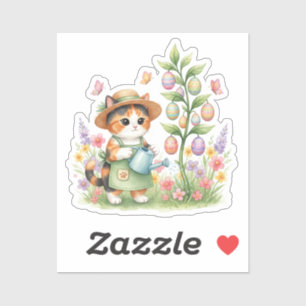 Cute Gardener Cat Watering Easter Egg Tree Sticker