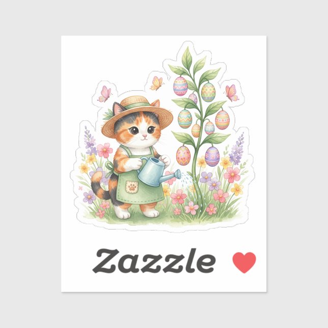 Cute Gardener Cat Watering Easter Egg Tree Sticker (Sheet)