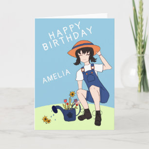Cute Gardening Girl Flowers Black Hair Birthday Card