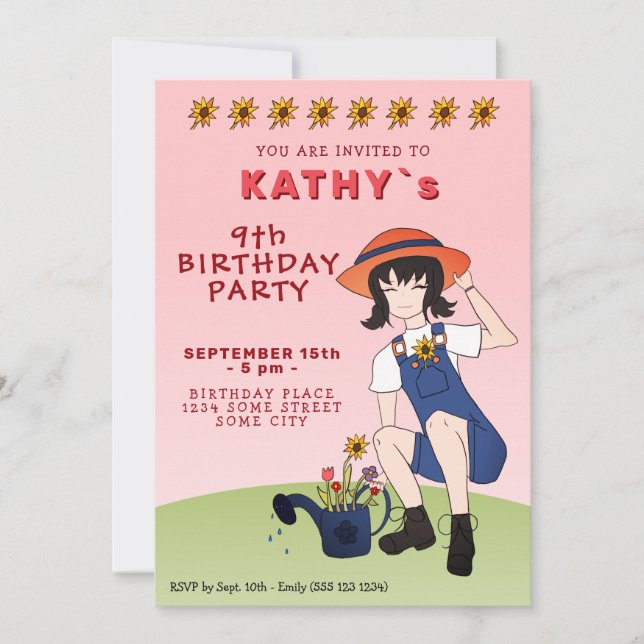 Cute Gardening Girl Flowers Black Hair Birthday Invitation (Front)