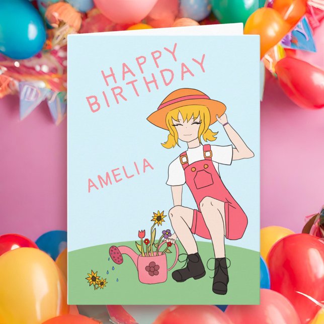 Cute Gardening Girl Flowers Blonde Hair Birthday Card (Creator Uploaded)