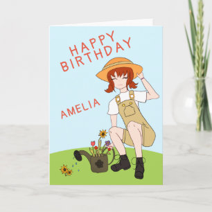 Cute Gardening Girl Flowers Brown Hair Birthday Card