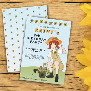 Cute Gardening Girl Flowers Brown Hair Birthday Invitation
