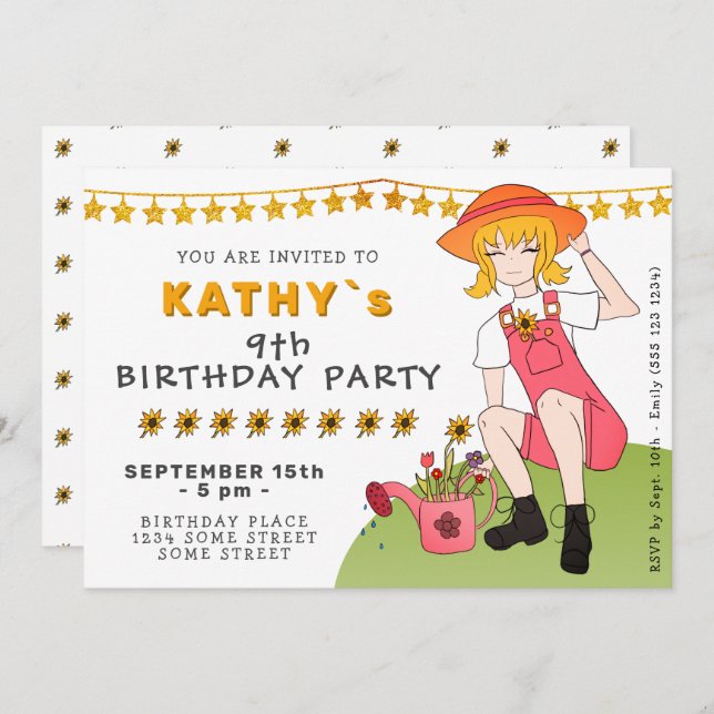 Cute Gardening Girl with Flowers Birthday Invitation (Front/Back)