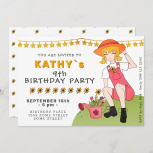 Cute Gardening Girl with Flowers Birthday Invitation