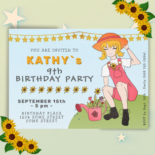 Cute Gardening Girl with Flowers Birthday Invitation