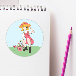Cute Gardening Girl with Flowers Blonde Hair  Classic Round Sticker