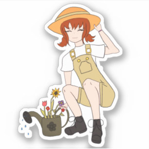 Cute Gardening Girl with Flowers Brown Hair