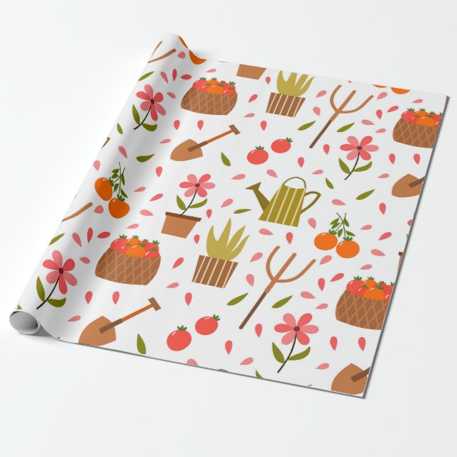 Cute Gardening Tools and Plants Seamless Pattern Wrapping Paper (Unrolled)