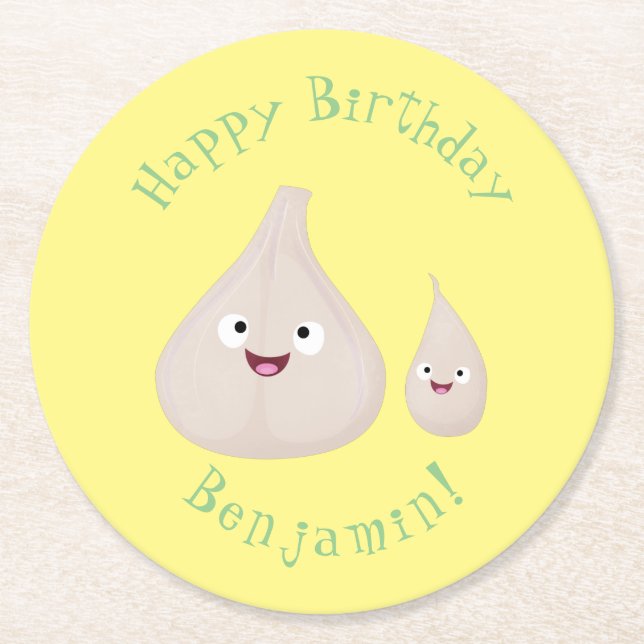 Cute garlic cartoon vegetable illustration round paper coaster (Front)