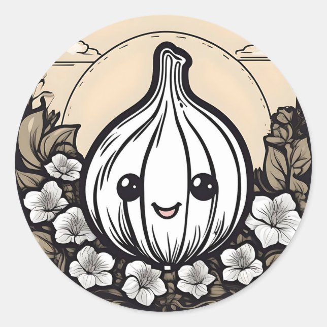 Cute Garlic With Flowers Classic Round Sticker (Front)