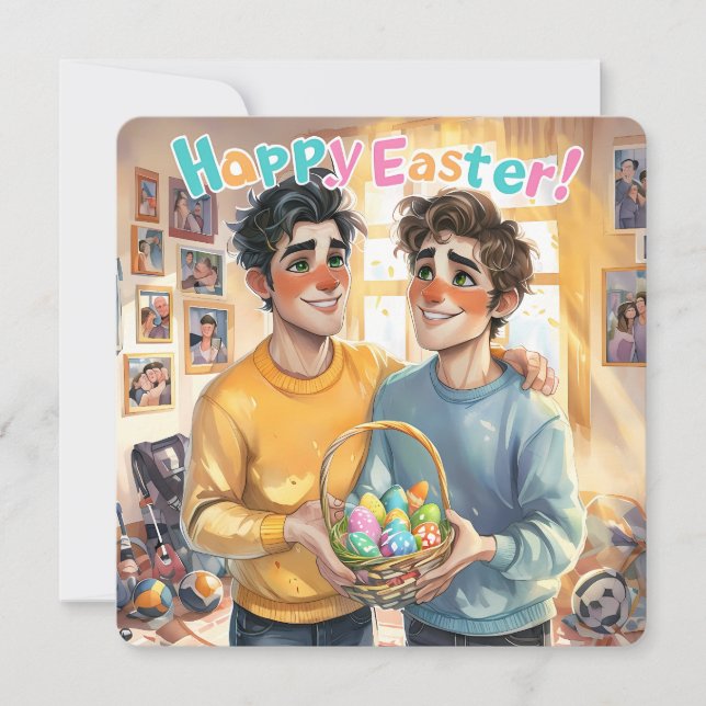 Cute Gay Couple Holding Easter Basket Holiday Card (Front)