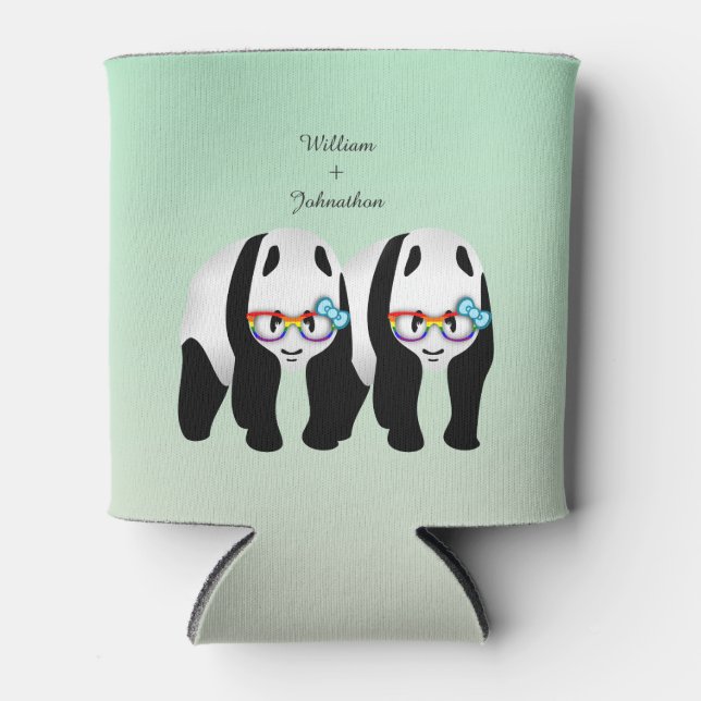 Cute Gay Pandas Rainbow Glasses Wedding Favour Can Cooler (Front)