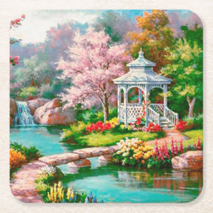 Cute Gazebo on the Water Fine Art Square Paper Coaster