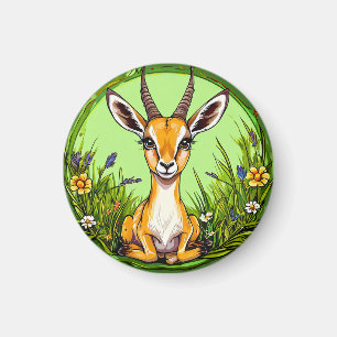 Cute Gazelle in a Floral Grassland Scene Magnet