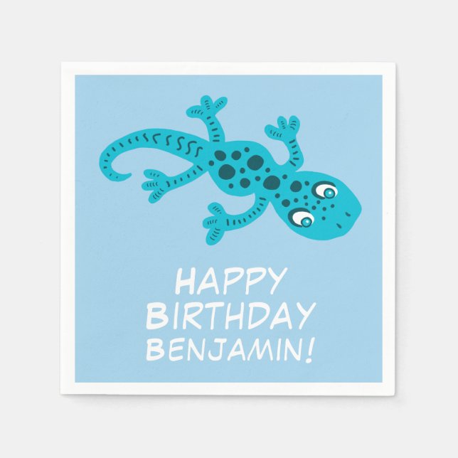 Cute Gecko Blue Name Kid`s Birthday Party Napkin (Front)