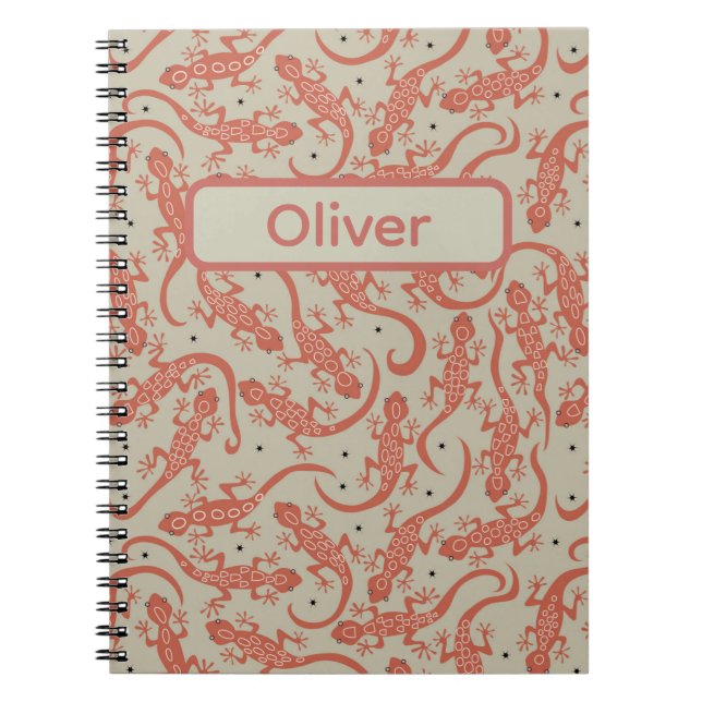 Cute Gecko Lizard & Custom Name in Terracotta Notebook (Front)
