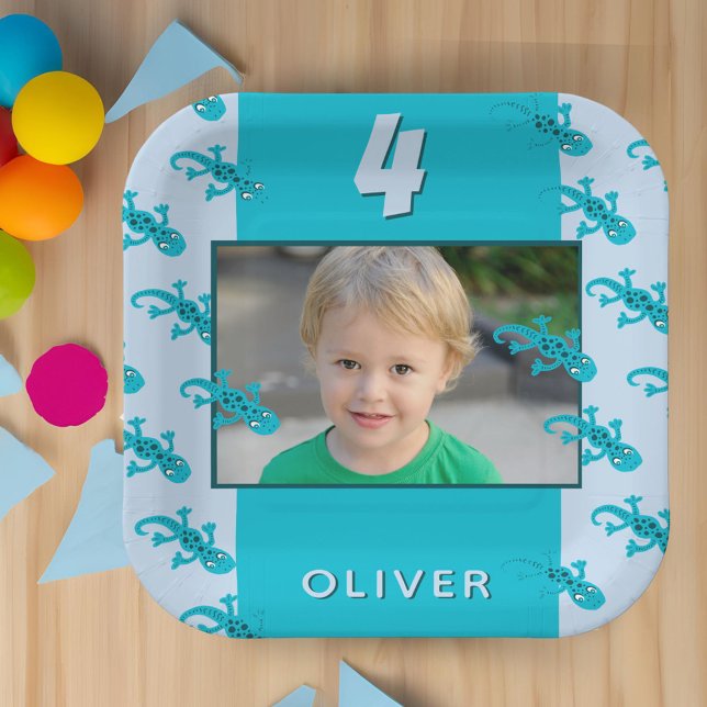 Cute Gecko Lizard Kid`s Birthday Party Photo Paper Plate (Creator Uploaded)