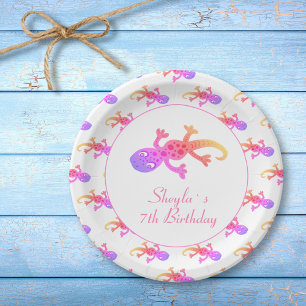 Cute Gecko Lizard Pink Rainbow Girl`s Birthday Paper Plate