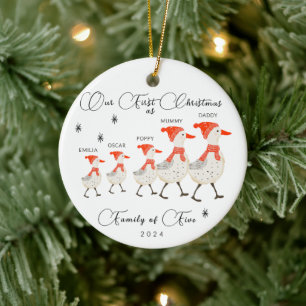 Cute Geese Family of Five First Christmas Ceramic Ornament