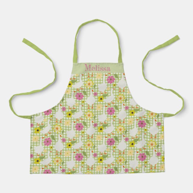 Cute Geese With Hand Drawn Flowers - Green Check  Apron (Front)