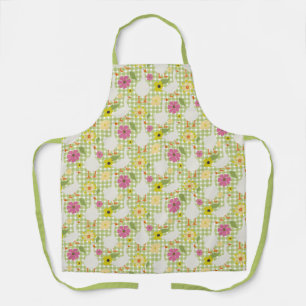 Cute Geese With Hand Drawn Flowers - Green Check Apron