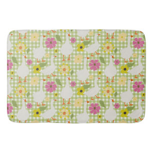 Cute Geese With Hand Drawn Flowers - Green Check Bath Mat